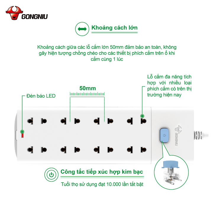 Ổ Cắm Chống Cháy GONEO Đa Năng 8 Ổ 1 Công Tắc 2500W – V1080