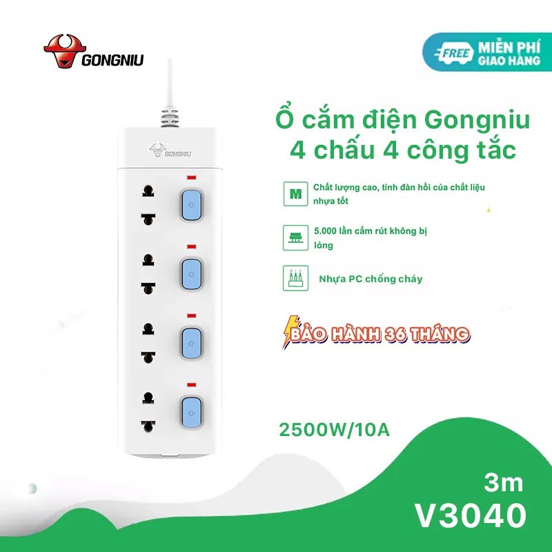 Ổ Cắm Điện Gongniu Đa Năng 4 Ổ 4 Công Tắc 2500W – V3040