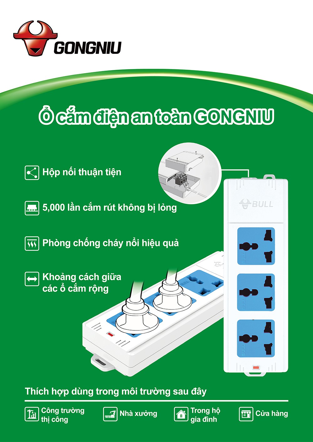 Ổ Cắm Gongniu 3 Ổ Đa Năng 1 Công Tắc Không Kèm Dây 2500W – 413K