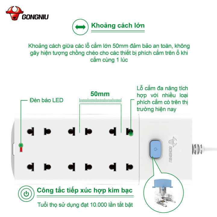 Ổ Cắm Điện Chống Cháy GONEO Đa Năng 6 Ổ 1 Công Tắc 2500W – V1060