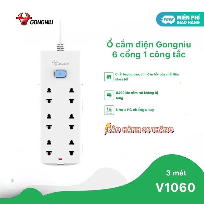 Ổ Cắm Điện Gongniu Đa Năng 6 Ổ 1 Công Tắc 2500W – V1060