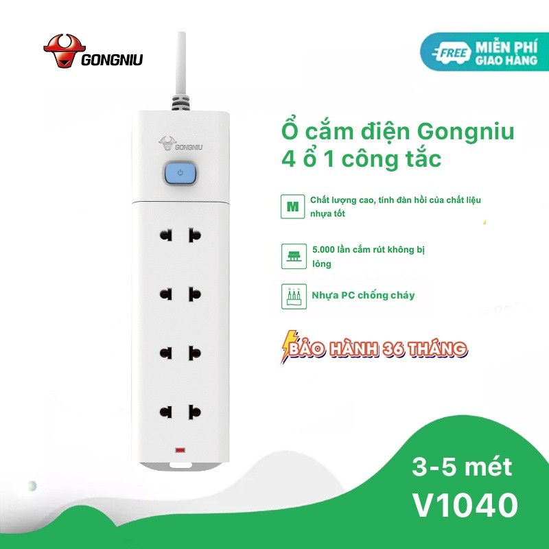 Ổ Cắm Điện Chống Cháy GONEO Đa Năng 4 Ổ 1 Công Tắc 2500W – V1040