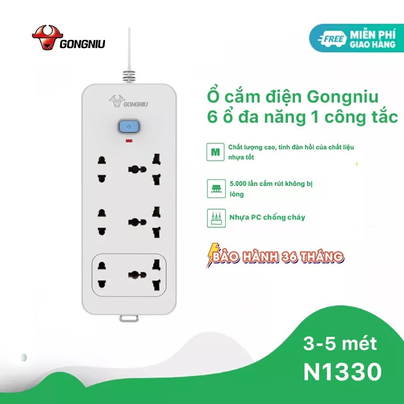 Ổ Cắm Điện Gongniu 6 Ổ Đa Năng 1 Công Tắc 2500W –  N1330