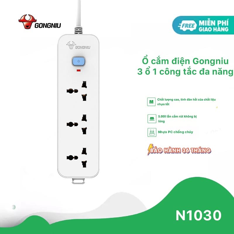 Ổ Cắm Điện Gongniu 3 Ổ Đa Năng 1 Công Tắc 2500W – N1030