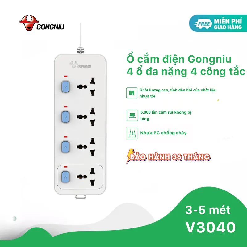 Ổ Cắm Điện Gongniu 4 Ổ Đa Năng 4 Công Tắc – 2500W – N3040