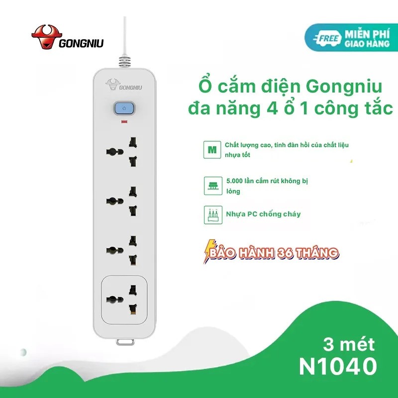 Ổ Cắm Điện Gongniu 4 Ổ Đa Năng 1 Công Tắc 2500W – N1040