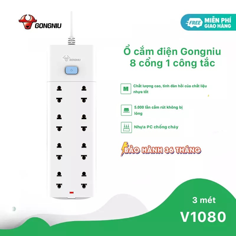 Ổ Cắm Gongniu Đa Năng 8 Ổ 1 Công Tắc 2500W – V1080