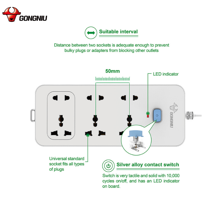 Ổ Cắm Điện Chống Cháy Gongniu 6 Ổ Đa Năng 1 Công Tắc 2500W –  N1330