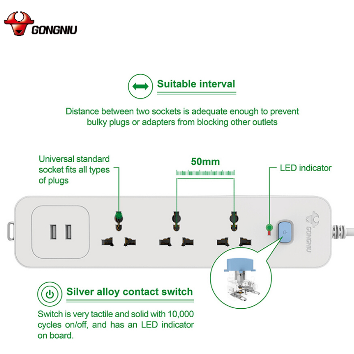 Ổ Cắm Điện Gongniu 3 Ổ Đa Năng + 2 USB 1 công tắc 2500W/10A Dây Dài 1.8m – N103U