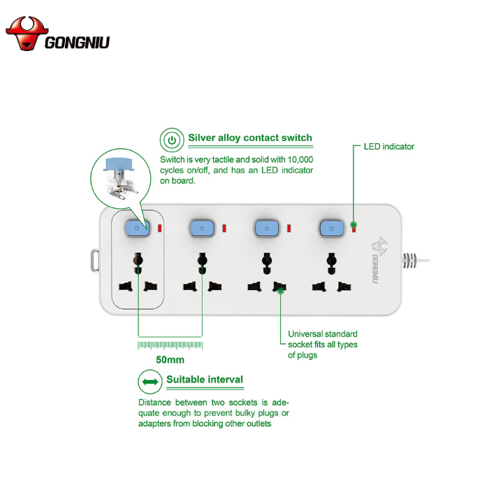 Ổ Cắm Điện Gongniu 4 Ổ Đa Năng 4 Công Tắc – 2500W – N3040