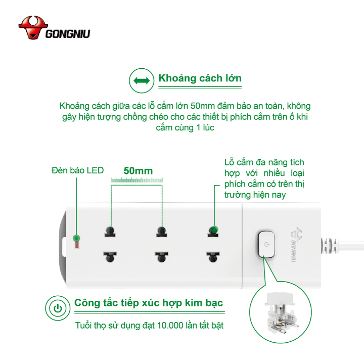 Ổ Cắm Điện Chống Cháy GONEO Đa Năng 3 Ổ 1 Công Tắc 2500W – V1030