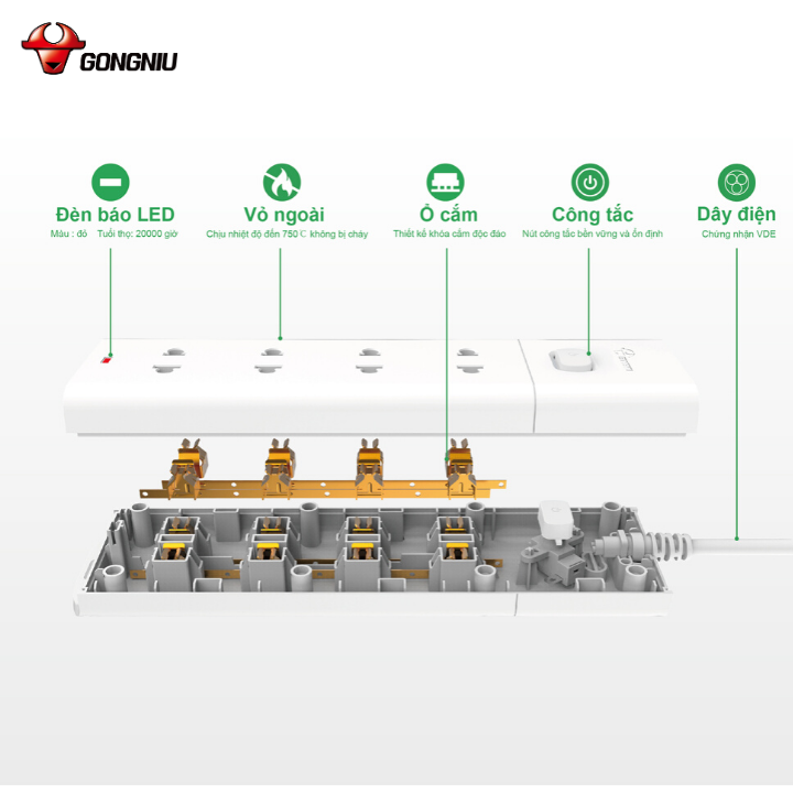 Ổ Cắm Điện Gongniu Đa Năng 4 Ổ 1 Công Tắc 2500W – V1040