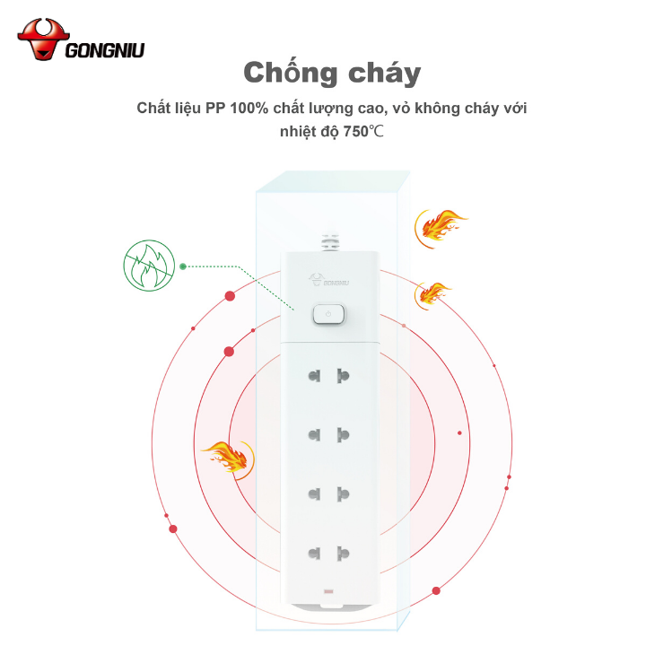 Ổ Cắm Điện Chống Cháy GONEO Đa Năng 4 Ổ 1 Công Tắc 2500W – V1040