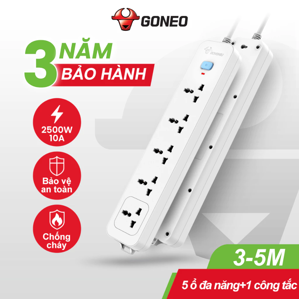 Ổ Cắm Điện Chống Cháy GONEO 5 Ổ Đa Năng 1 Công Tắc – N1050