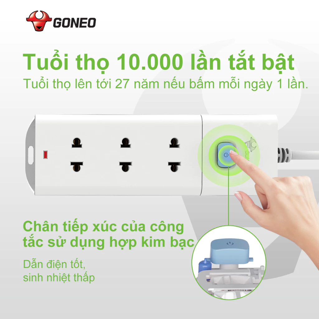 Ổ Cắm Điện Chống Cháy GONEO Đa Năng 3 Ổ 1 Công Tắc 2500W – V1030
