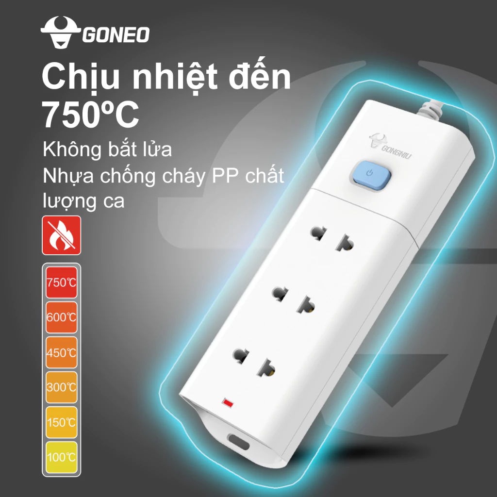 Ổ Cắm Điện Chống Cháy GONEO Đa Năng 3 Ổ 1 Công Tắc 2500W – V1030