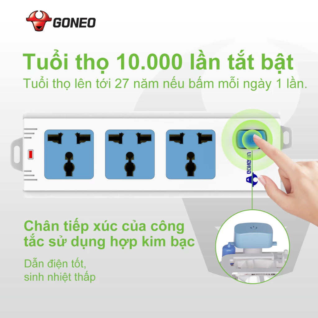 Ổ Cắm Điện Chống Cháy GONEO 3 Ổ Đa Năng 1 Công Tắc – 2500W – 413K – Nâng Cấp