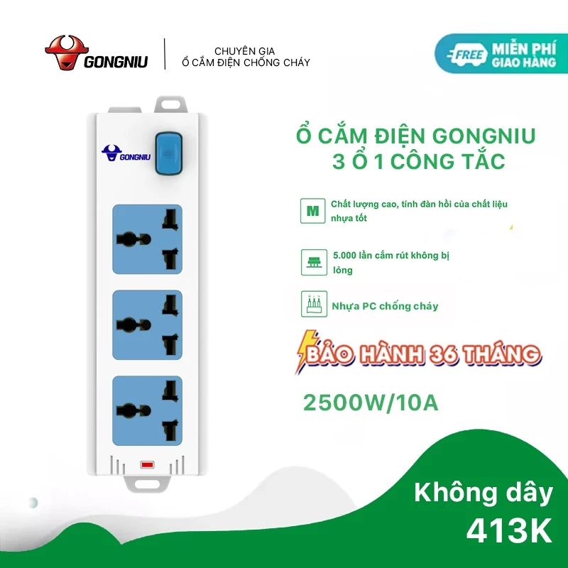 Ổ Cắm Điện Chống Cháy GONEO 3 Ổ Đa Năng 1 Công Tắc – 2500W – 413K – Nâng Cấp