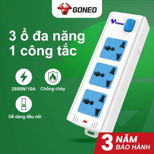 Ổ Cắm Điện Chống Cháy GONEO 3 Ổ Đa Năng 1 Công Tắc – 2500W – 413K – Nâng Cấp