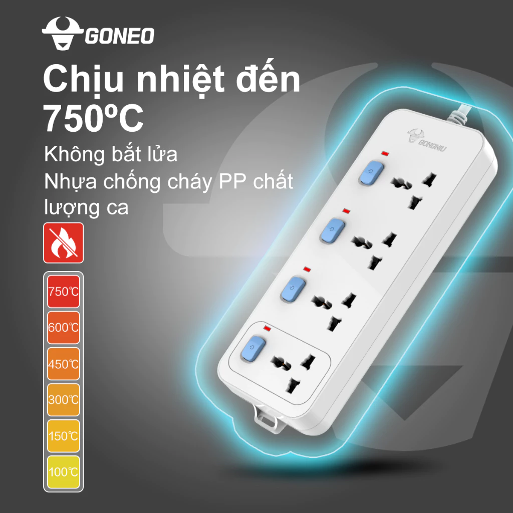 Ổ Cắm Điện Chống Cháy Gongniu 6 Ổ Đa Năng 1 Công Tắc 2500W –  N1330