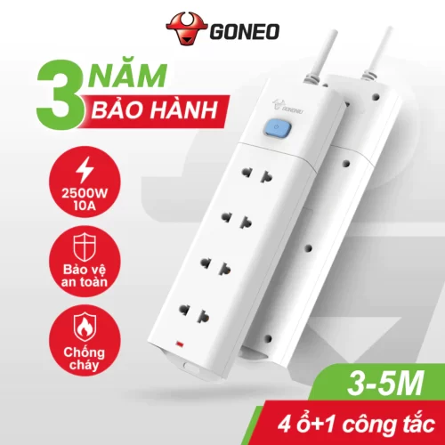 Ổ Cắm Điện Chống Cháy GONEO Đa Năng 4 Ổ 1 Công Tắc 2500W – V1040