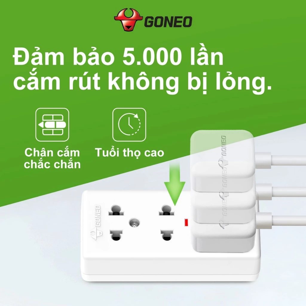 Ổ Cắm Điện GONEO W0210 – 3 Cổng An Toàn