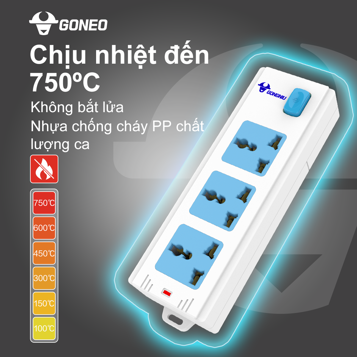 Ổ Cắm Điện Chống Cháy GONEO 3 Ổ Đa Năng 1 Công Tắc - 2500W – 413K - Nâng Cấp