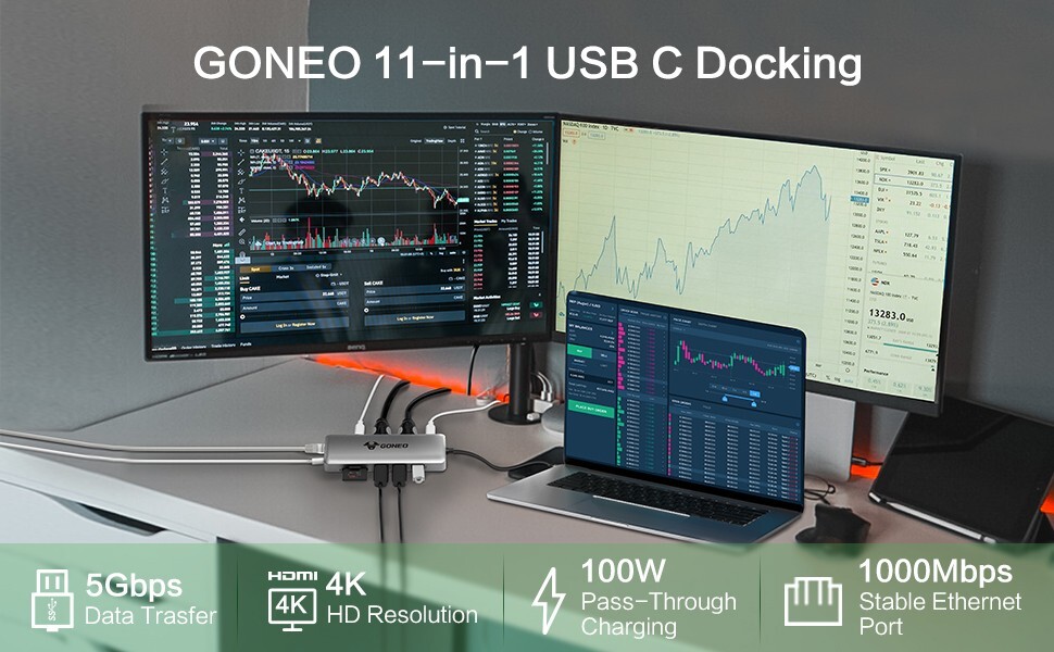 HUB GONEO 11 in 1 USB-C Docking Station, DEX với 2 cổng HDMI 4K, Sạc Nhanh Chuẩn PD 100W ,5Gbps USB-C,1000Mbps Ethernet Port,USB C Dongle for MacBook, Dell XPS, Samsung Galaxy