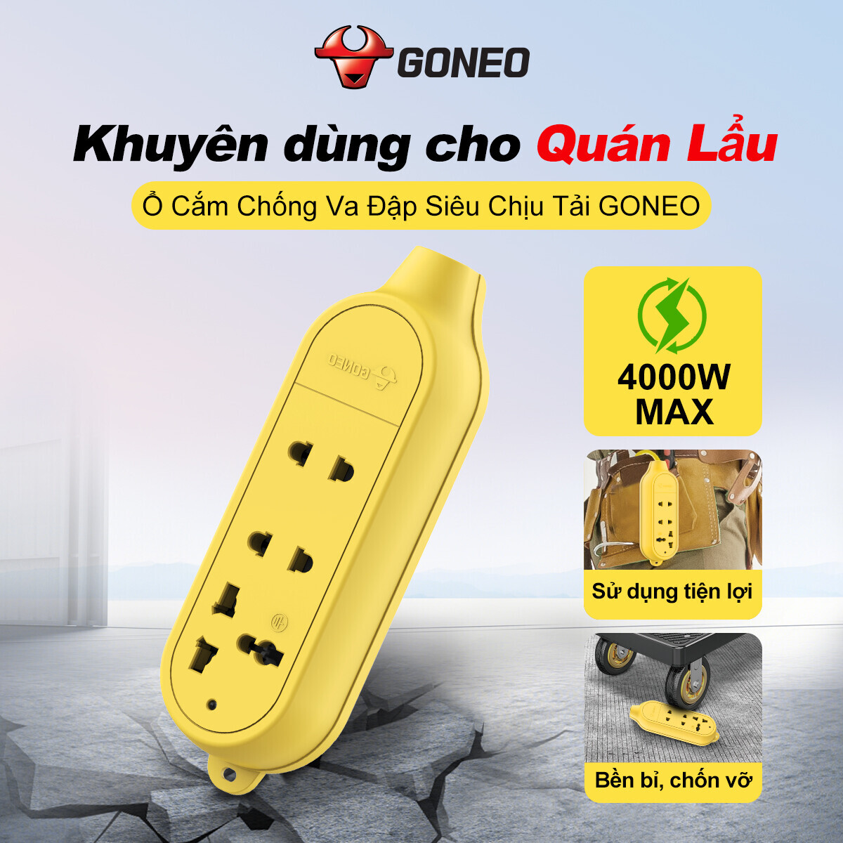 Ổ Cắm Chống Va Đập Chống Cháy GONEO 3 Ổ Đa Năng Công Suất Lớn 16A/4000W – C4D