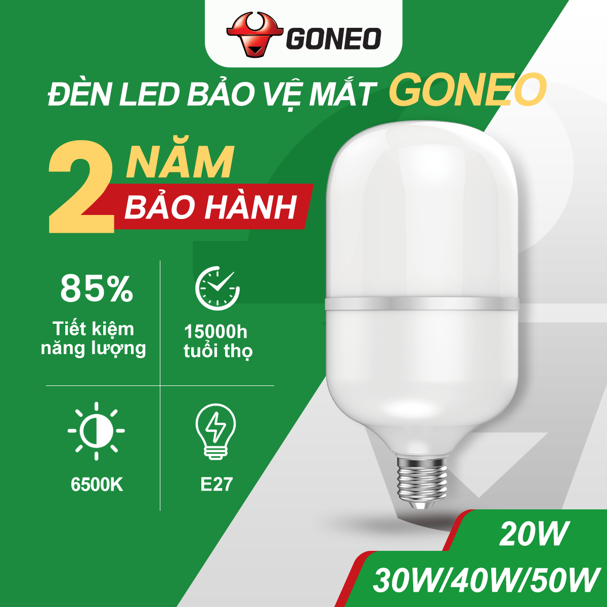 Bóng đèn LED Bulb Trụ Gongniu MQ – C020A BS – Công suất 20W –  E27, 6500K