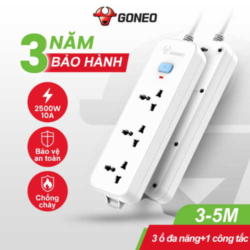 Ổ Cắm Điện Chống Cháy GONEO 3 Ổ Đa Năng 1 Công Tắc 2500W – N1030