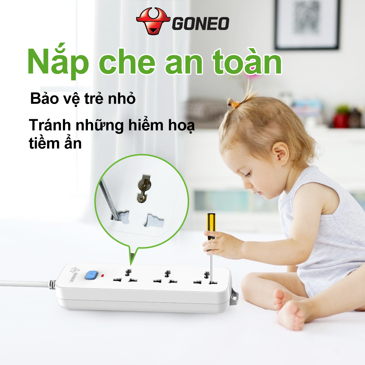 Ổ Cắm Điện Chống Cháy GONEO 3 Ổ Đa Năng 1 Công Tắc 2500W – N1030