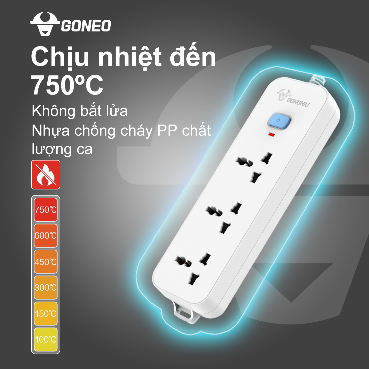 Ổ Cắm Điện Chống Cháy GONEO 3 Ổ Đa Năng 1 Công Tắc 2500W – N1030