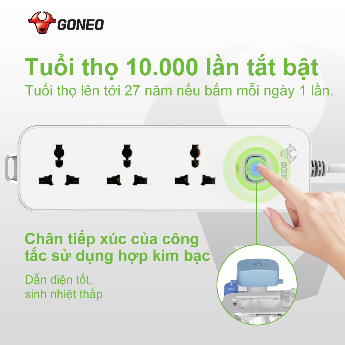 Ổ Cắm Điện Chống Cháy GONEO 3 Ổ Đa Năng 1 Công Tắc 2500W – N1030