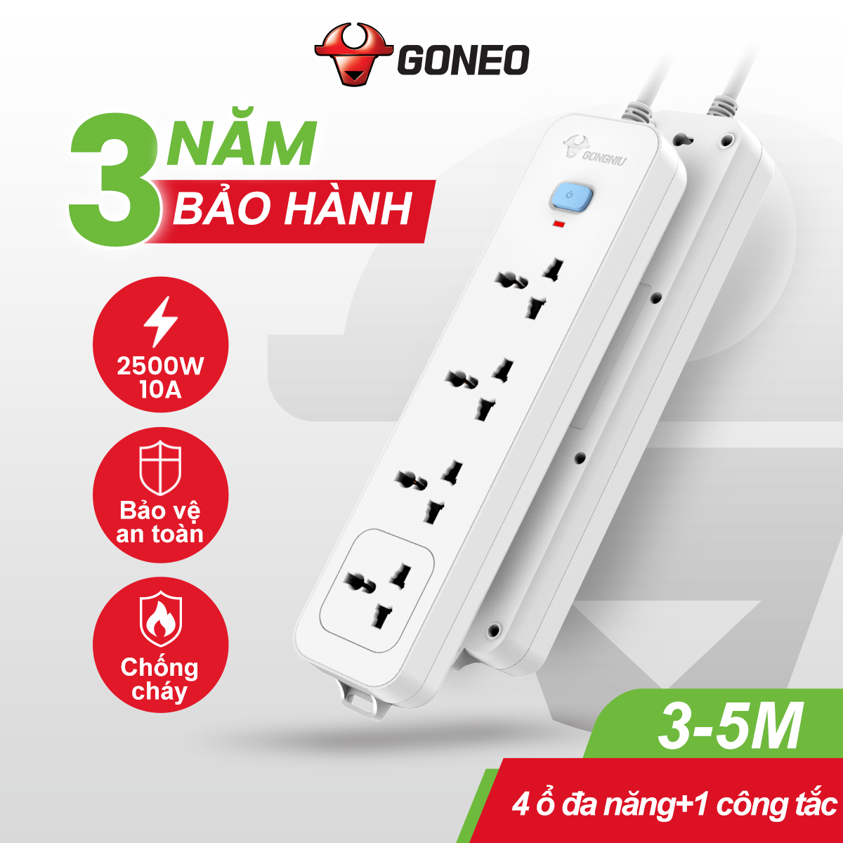 Ổ Cắm Điện Chống Cháy GONEO 4 Ổ Đa Năng 1 Công Tắc 2500W – N1040