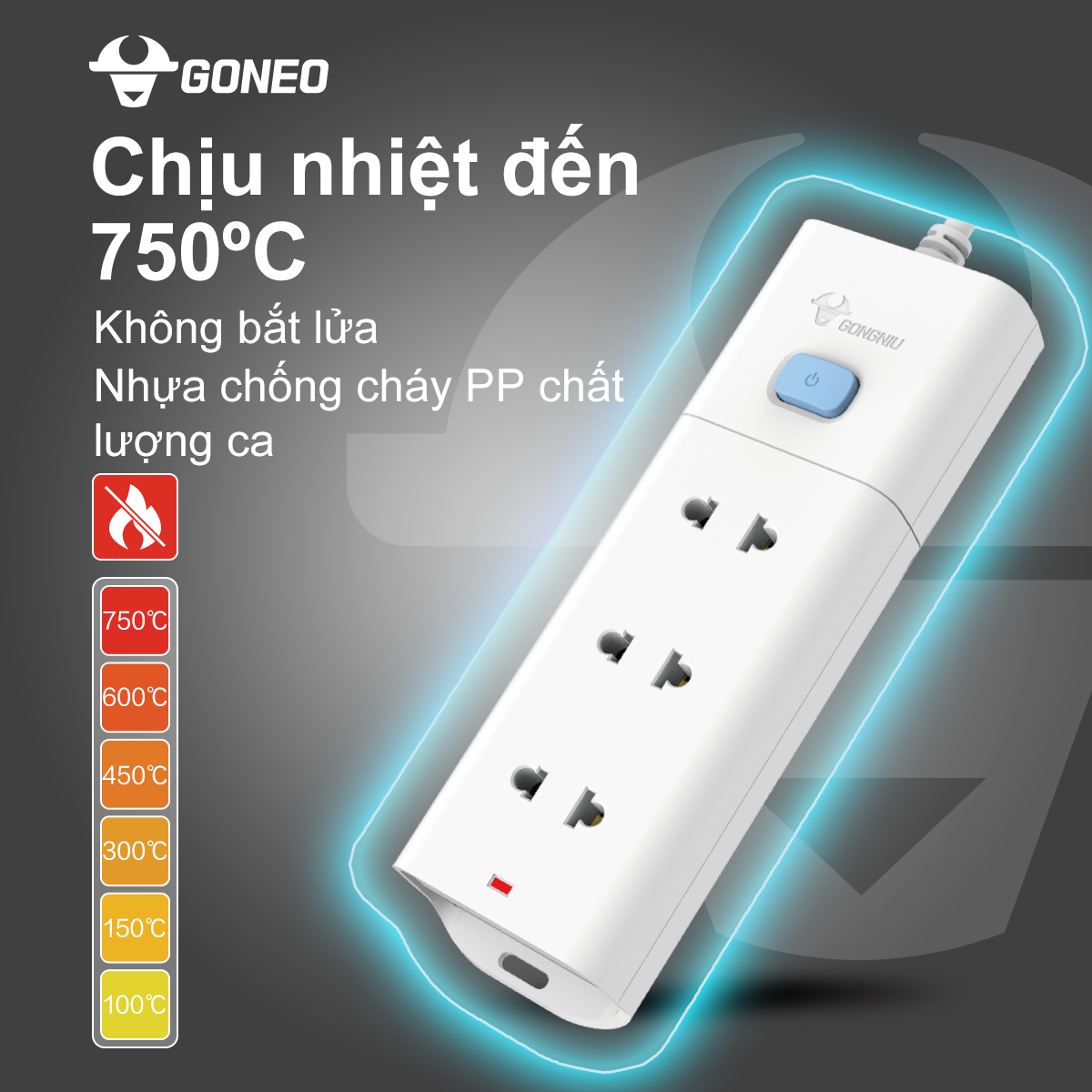 Ổ Cắm Điện Chống Cháy GONEO Đa Năng 3 Ổ 1 Công Tắc 2500W – V1030
