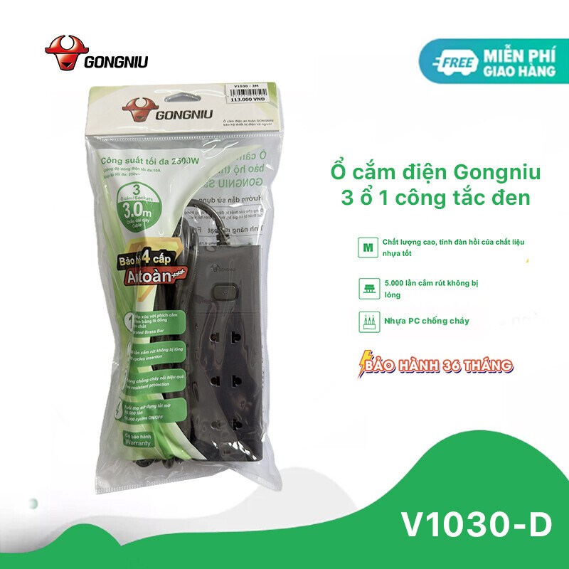 Ổ Cắm Điện Chống Cháy GONEO Đa Năng 3 Ổ 1 Công Tắc 2500W – V1030