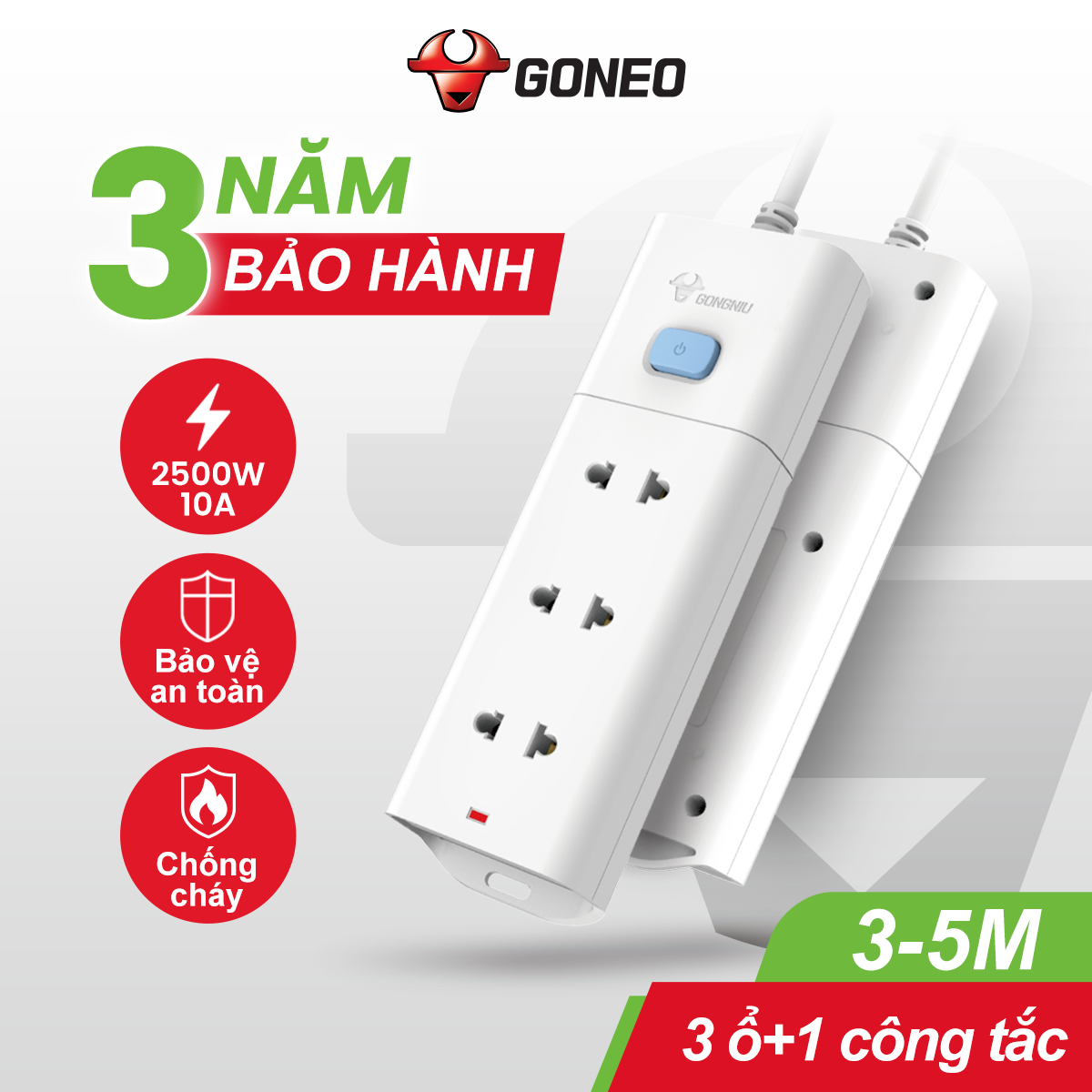 Ổ Cắm Điện Chống Cháy GONEO Đa Năng 3 Ổ 1 Công Tắc 2500W – V1030