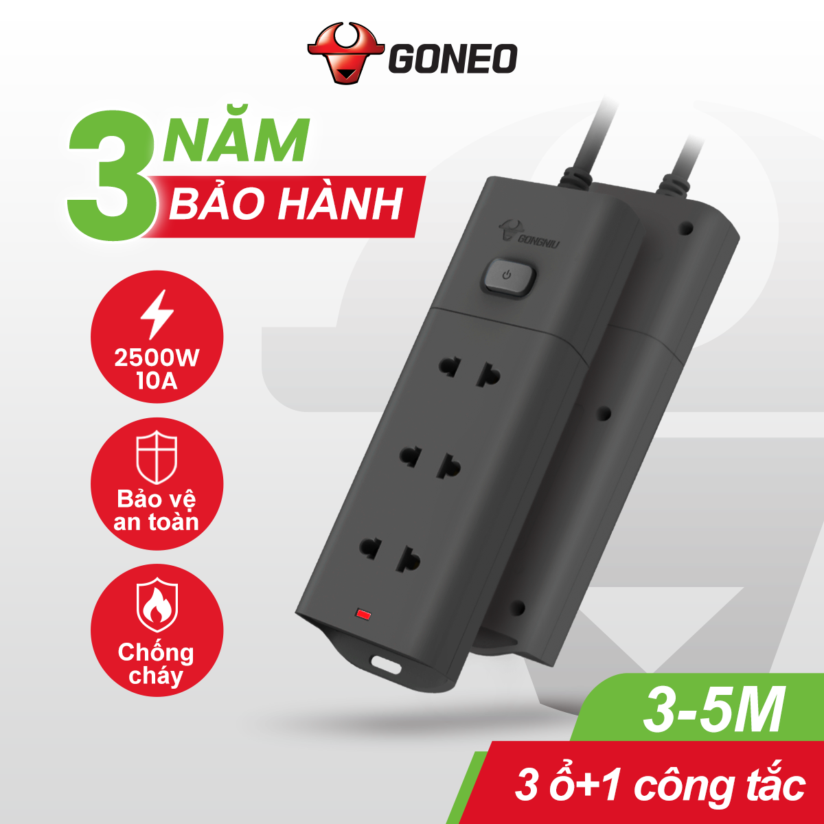 Ổ Cắm Điện Chống Cháy GONEO Đa Năng 3 Ổ 1 Công Tắc 2500W – V1030