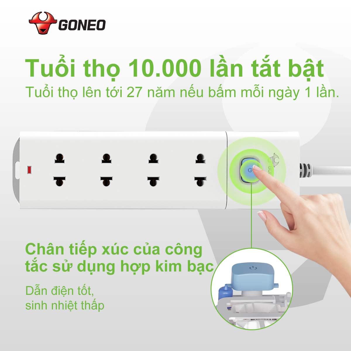Ổ Cắm Điện Chống Cháy GONEO Đa Năng 4 Ổ 1 Công Tắc 2500W - V1040