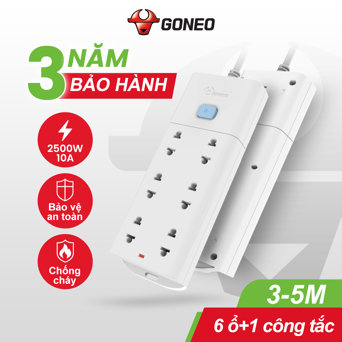 Ổ Cắm Điện Chống Cháy GONEO Đa Năng 6 Ổ 1 Công Tắc 2500W – V1060