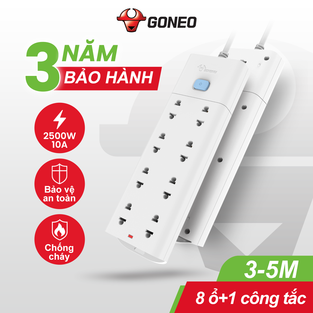 Ổ Cắm Gongniu Đa Năng 8 Ổ 1 Công Tắc 2500W – V1080