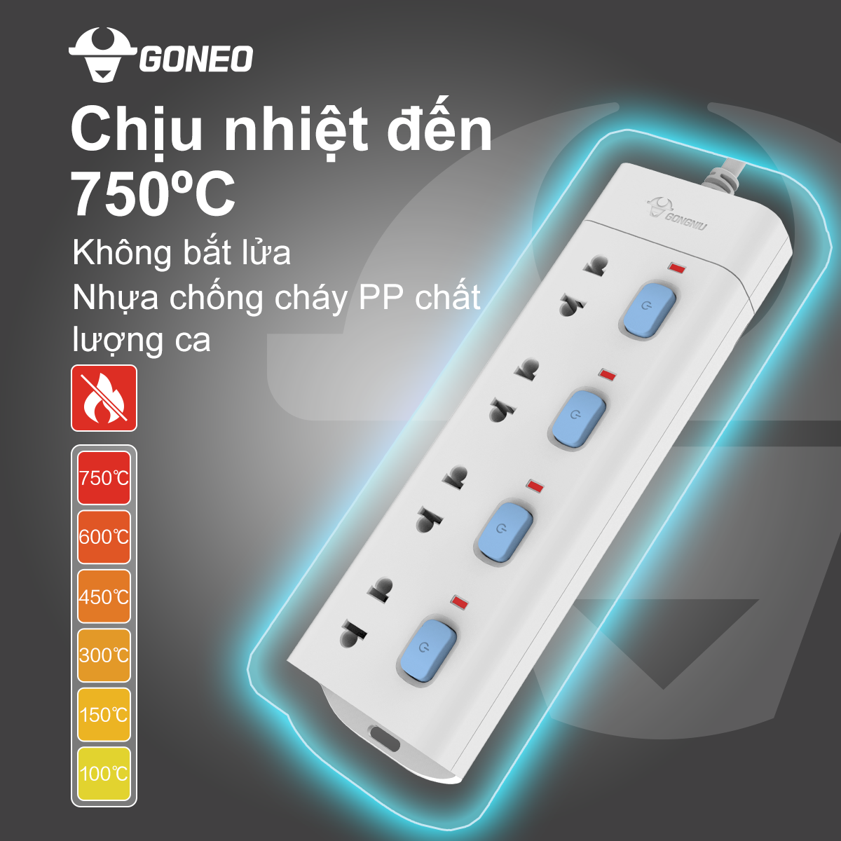 Ổ Cắm Điện Chống Cháy GONEO Đa Năng 4 Ổ 4 Công Tắc 2500W – V3040