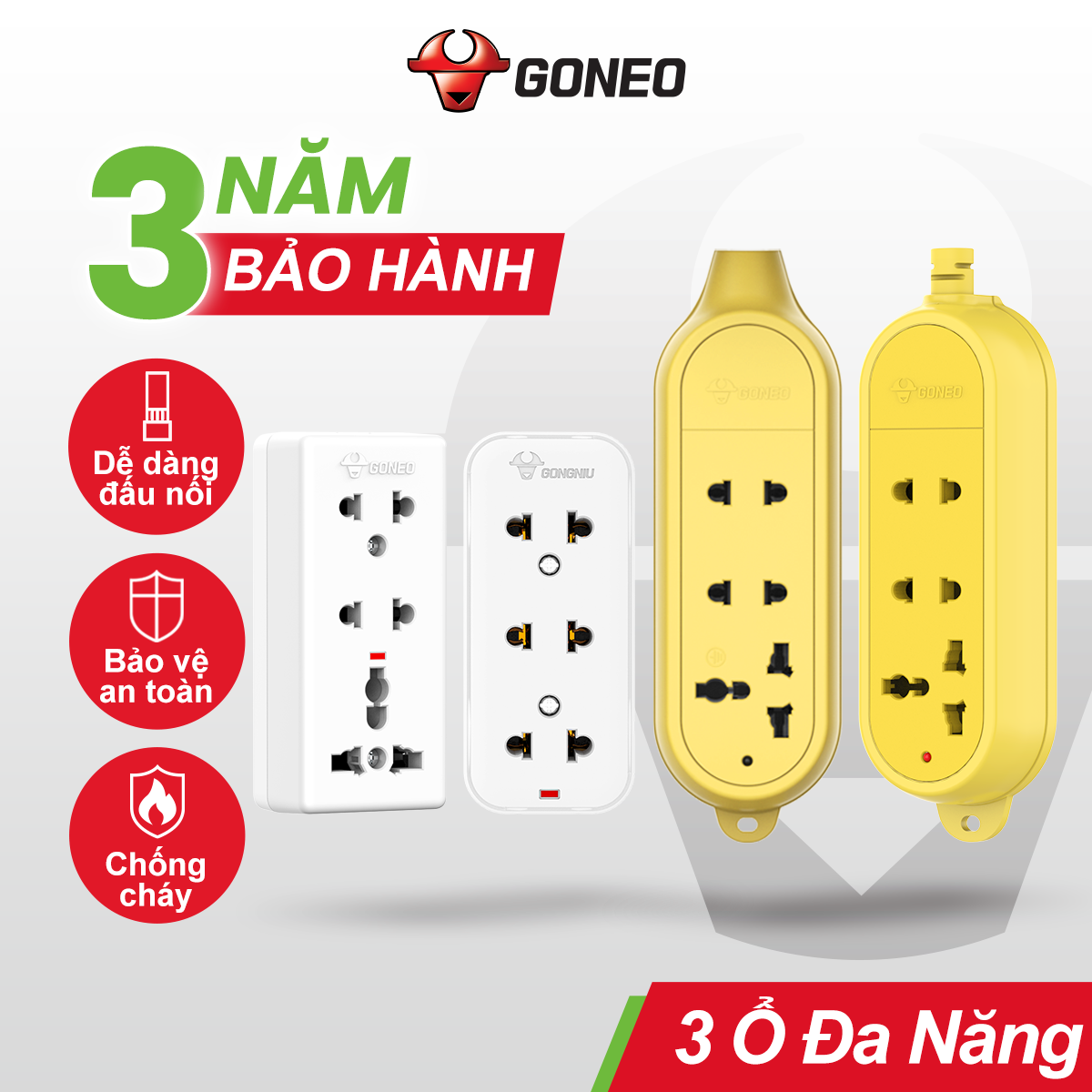 Ổ Cắm Chống Va Đập Chống Cháy GONEO 3 Ổ Đa Năng Công Suất Lớn 16A/4000W – C4D