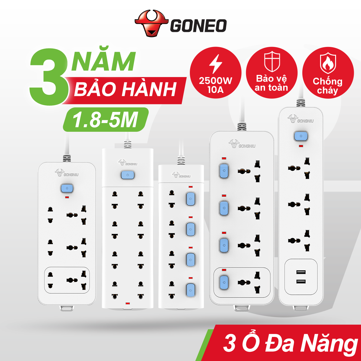 Ổ Cắm Gongniu Đa Năng 8 Ổ 1 Công Tắc 2500W – V1080