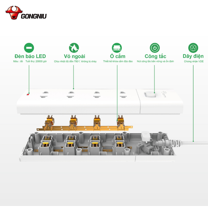 Ổ Cắm Điện Gongniu Đa Năng 4 Ổ 1 Công Tắc 2500W - V1040