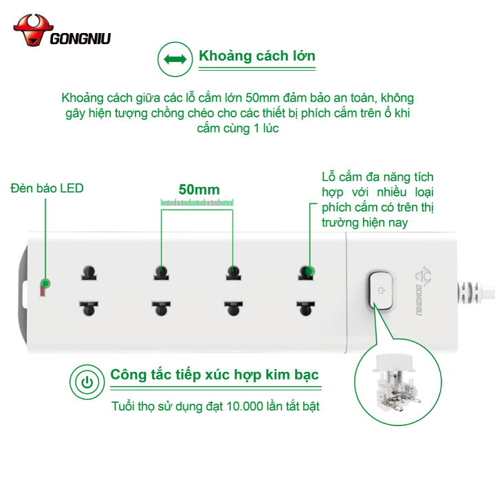 Ổ Cắm Điện Gongniu Đa Năng 4 Ổ 1 Công Tắc 2500W - V1040