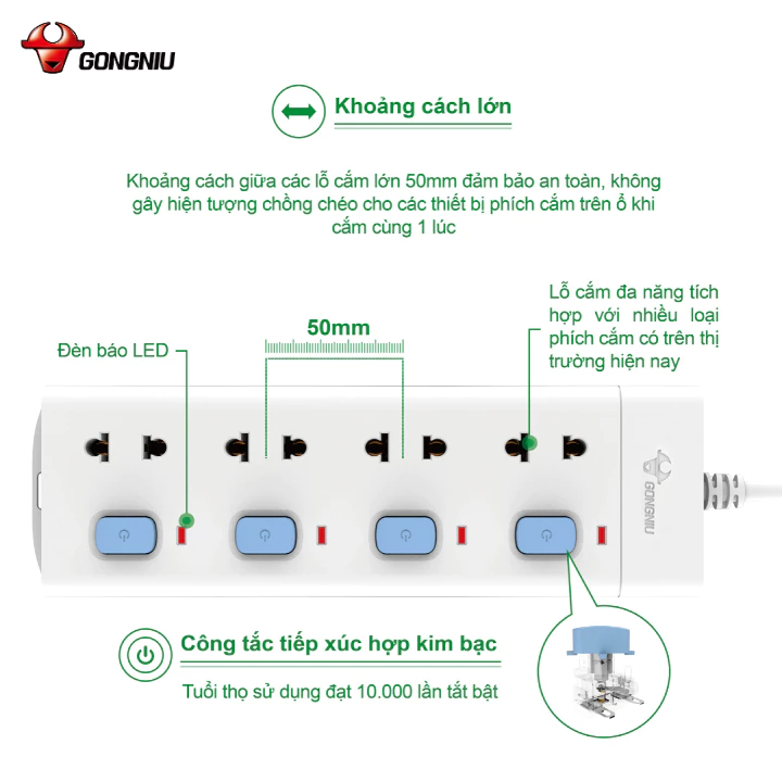 Ổ Cắm Điện Chống Cháy GONEO Đa Năng 4 Ổ 4 Công Tắc 2500W – V3040