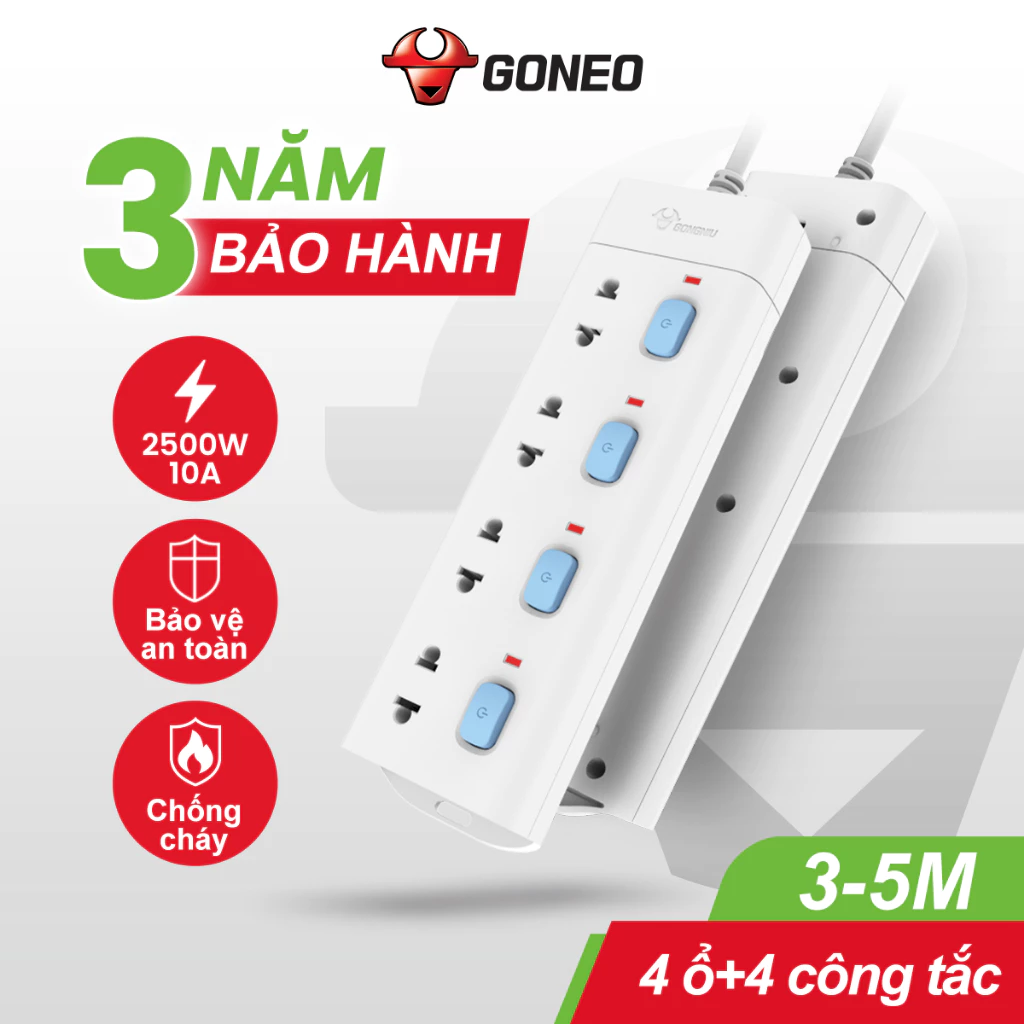 Ổ Cắm Điện Chống Cháy GONEO Đa Năng 4 Ổ 4 Công Tắc 2500W – V3040