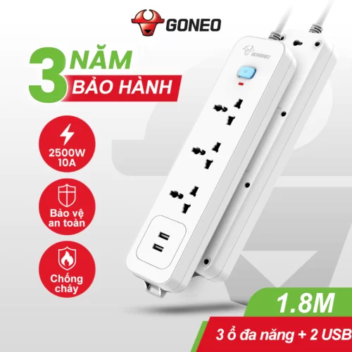 Ổ Cắm Điện Chống Cháy GONEO 3 Ổ Đa Năng + 2 USB 1 công tắc 2500W/10A Dây Dài 1.8m – N103U